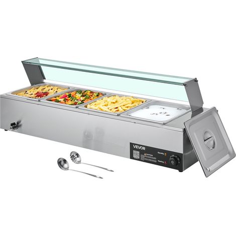 Chauffe-Plat Électrique à Vapeur 1500 W, Buffet Chauffant en Inox, Bain-marie avec 4 Bacs de 1/2, Couvercle en Verre et Louches à Soupe et Perforées, pour Servir Buffet en Libre-Service (1/5)