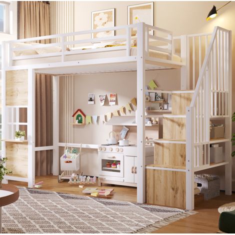 Letto a soppalco 90x200 cm, con scala contenitore, spazio gioco aperto, struttura in metallo e MDF, bianco (1/5)