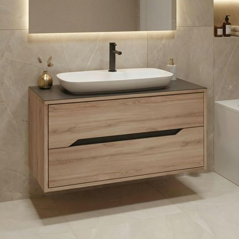 Meuble vasque suspendu 100 cm décor chêne 2 tiroirs NEÏS (1/5)
