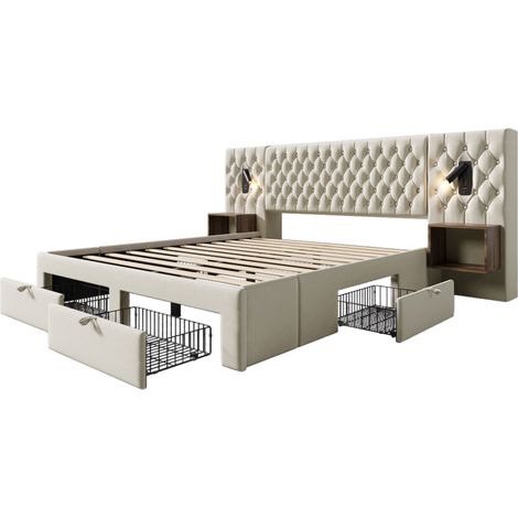 Conjunto cama doble 180x200 cm en terciopelo beige con 2 mesitas, 4 cajones y lámparas (1/5)