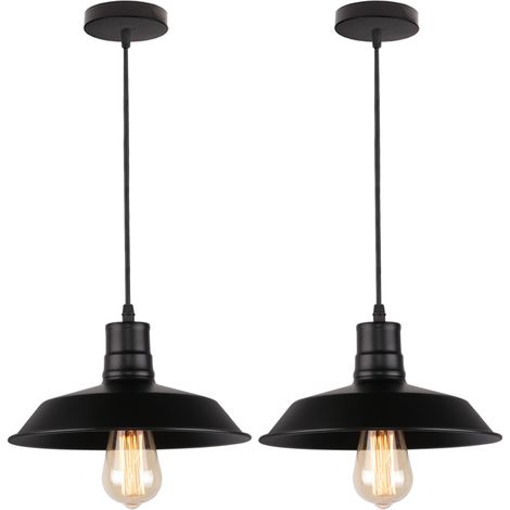 2er Pendelleuchte, Retro Hängelampe mit E27 Fassung, Industraille Stil Kronleuchter mit Ø26cm Eisen Lampenschirm für Esszimmer Wohnzimmer Restaurant (Schwarz)