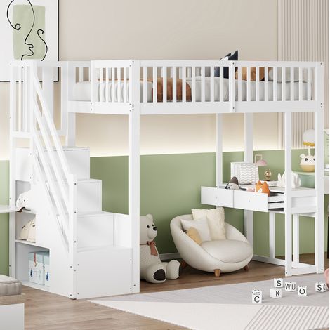 Lit mezzanine 90/200 cm blanc en bois avec escalier de rangement et bureau (1/5)