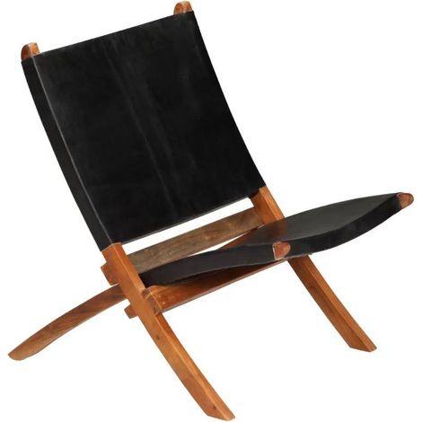Chaise pliante cuir noir et acacia laqué Manilou (1/5)