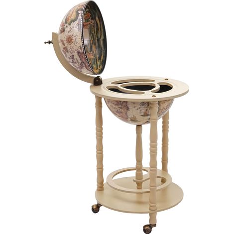 [JAMAIS UTILISÉ] Bar de salon HHG-522, minibar, étagère de vin, globe terrestre Ø 33cm, roulant, bois d'eucalyptus, blanc (1/5)