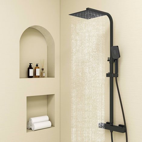 AICA Colonna doccia con miscelatore termostatico, rubinetto doccia 29x4.5cm, soffione doccia quadrato 25x25cm in acciaio inox nero