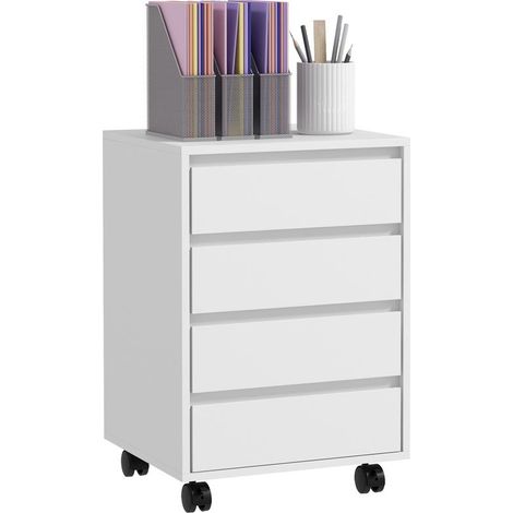 Caisson blanc 4 tiroirs à roulettes pour espace de travail, 46x40x65 cm, fonctionnel et sobre pour bureau moderne