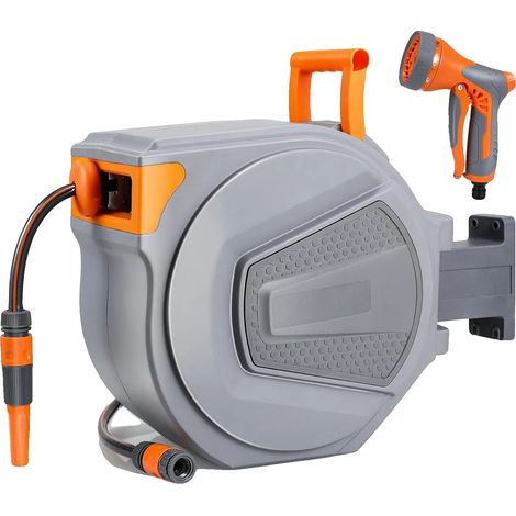 Enrollador de manguera de jardín, rebobinado automático, montaje en pared, gris-naranja, 30 m (1/2)