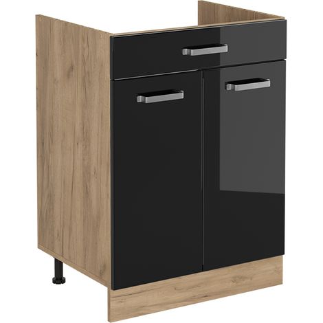 Mobiletto base cucina R-Line, Nero lucido/Rovere dorato, 60 cm con cassetto senza piano di lavoro, Vicco (1/5)