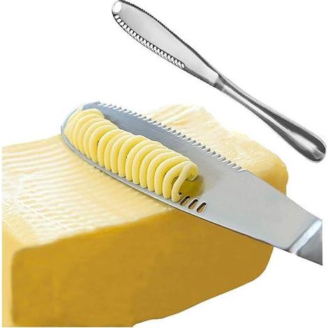 Couteau à beurre argenté, trio en acier inoxydable avec lame crantée et rainure de coupe, extraction facile, idéal pour trancher pain, beurre, fromage et confiture. (1/5)