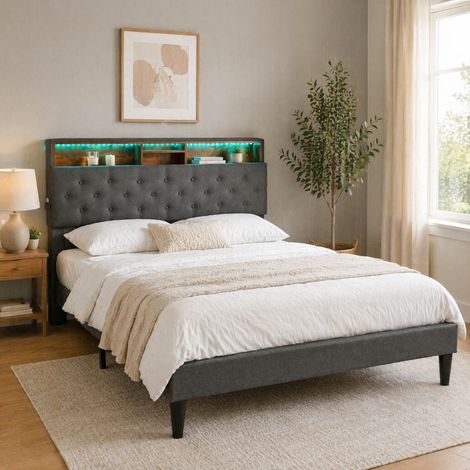 lit coffre 140x200 LED tête de lit bois gris HAVRYA (1/5)