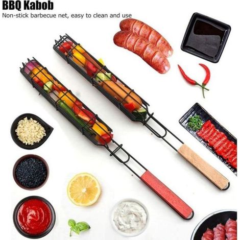 Lot de 2 paniers à barbecue avec poignées en bois, parfaits pour griller brochettes de viande, saucisses. Dimensions : 49 x 4,7 cm (1/4)