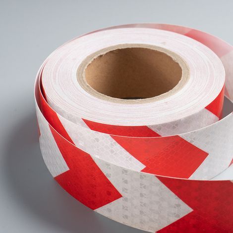 Self-adhesive reflective roll, red and white, 5m x 5cm, suitable for floor and wall applications, with guide arrows and reflective markings for wagon bodies. (1/5)