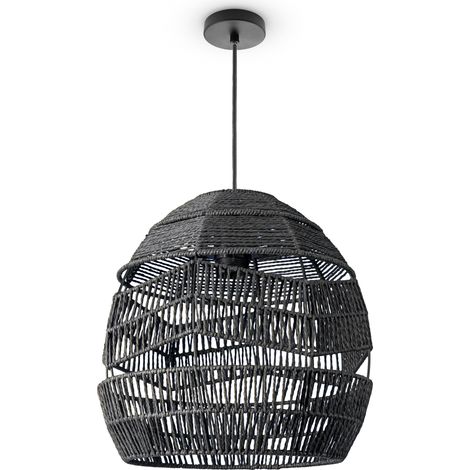 Paco Home Pendelleuchte Wohnzimmer Boho Korbleuchten Pendellampe Rattan Hängeleuchte Schwarz (Ø31 cm), Pendelleuchte - Typ 4
