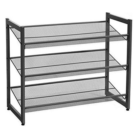 3 Ebenen Metall-Regal, stapelbares Lagerregal, Meshregal, Schuhregal, Verstellbare Ablage flach oder abgewinkelt Regalböden für Flur, Eingangsbereich, 74 x 62.8 x 31cm, Schwarz LMR03B (1/5)