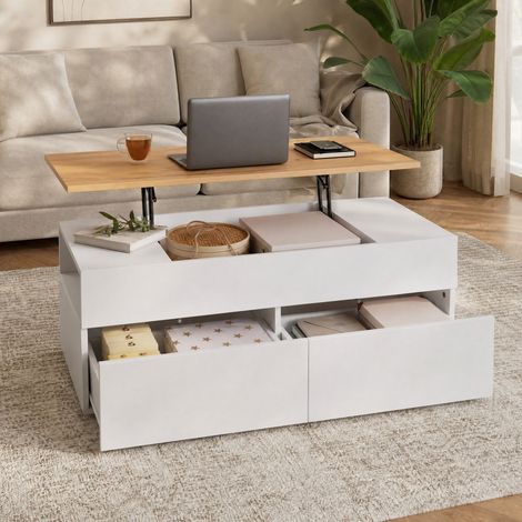 Mesa de centro elevable 100 x 50 x 40 cm, 2 cajones, almacenaje oculto, blanco y madera DESVIAE (1/5)
