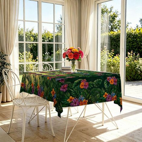 Nappe rectangulaire verte à imprimé floral et feuilles tropicales (1 pièce), nappe à thème pique-nique, anti-rétrécissement pour une fête estivale (1/4)