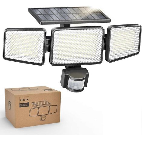 Projecteur solaire de sécurité Philips pour extérieur 302 LED 1200 lm étanche à fixation murale avec détecteur de mouvement PIR 3 têtes IP65. (1/5)