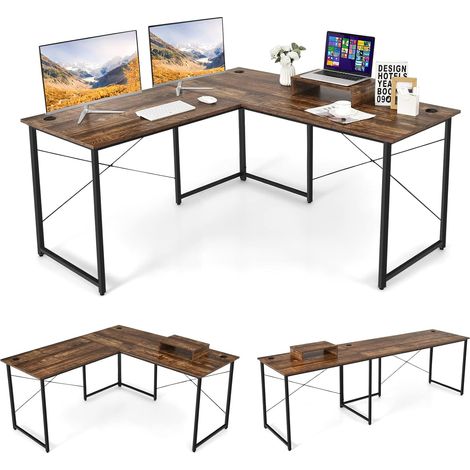 COSTWAY Schreibtisch mit Laptopständer, L-Form reversibler Eckschreibtisch, platzsparend, einfache Montage, Metall, Computertisch mit 3 Kabellöchern, Bürotisch für Home Office, 150x150x74 cm Braun (1/5)