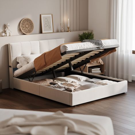 Polsterbett 160x200 cm mit LED-Beleuchtung, Doppelbett mit hydraulischem Stauraum, Modernes Jugendbett, Bettgestell mit Kopfteil und Lattenrost, Velour Beige, Ohne Matratze