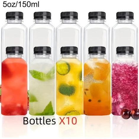 Bottiglie per succhi di frutta, 10 pezzi, bottiglie per bevande in PET trasparente, mini bottiglie per succhi riutilizzabili, bottiglie di plastica per shot, con tappo, ricaricabili. (1/5)