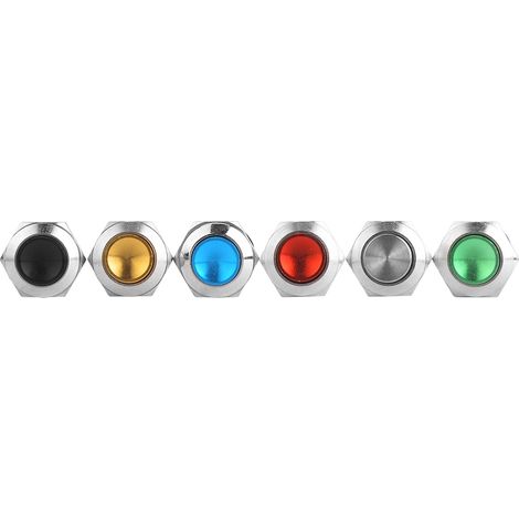 Lot de 6 boutons-poussoirs métalliques à 2 broches, étanches IP67, avec réinitialisation sans voyant, 12 mm (rouge, vert, jaune, bleu, noir, métallisé)