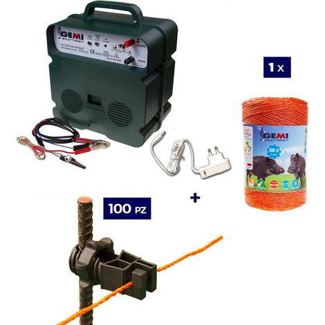 Kit per recinzione elettrica: 1x Elettrificatore B12 a doppia alimentazione 12 V/220 V + 1 x Filo 500 MT 6 Mm² + 100 pezzi isolatori per paletti in ferro - Recinto elettrico per animali cavalli mucche