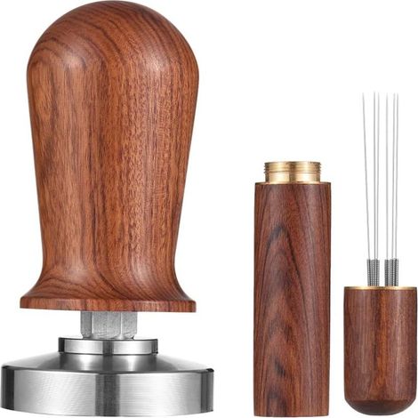 Juego de prensador y agitador de café espresso de 51 mm, prensador de café de base plana calibrado, acero inoxidable 304 con resorte, mango de madera, prensa barista para máquina de espresso (1/5)