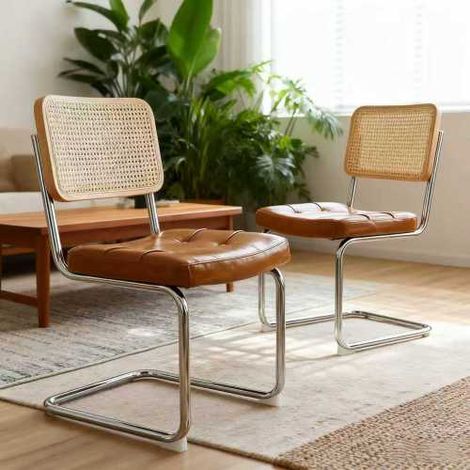 Ensemble de 2 chaises de salle à manger, chaises d'appoint en similicuir avec pieds chromés, chaises modernes de style milieu du siècle conçues par Breuer, chaises rembourrées pour salle à manger, sal (1/5)