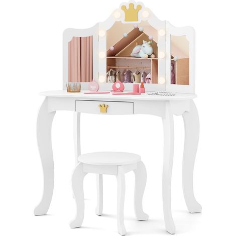 COSTWAY Kids Vanity Set Princess Vanity Table & Chair Set w/Lighted Mirror-White