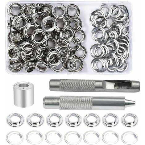 100 occhielli in ottone argentato, diametro interno 12 mm, kit completo con attrezzi e scatola per riporre gli accessori, ideali per teloni, tende e lavori tessili.