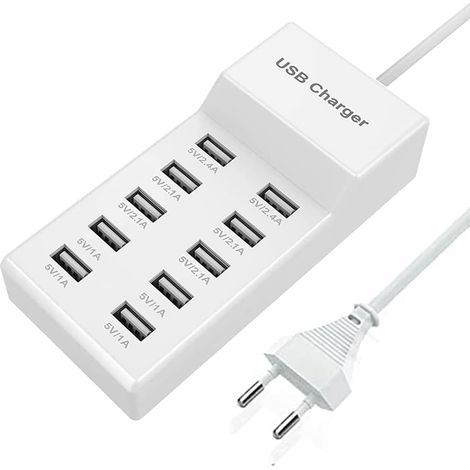 Charguer USB Multiple - 50W Station de Charge USB - 10-Port USB Adaptateu Secteur, Alimentation USB, Hub USB, Prise USB Compatible (1/5)