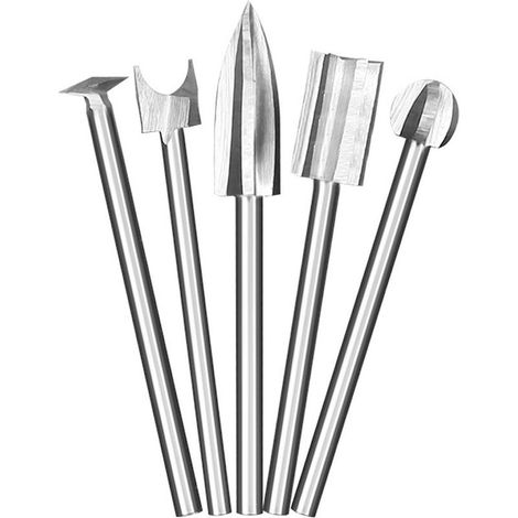 Lot de 5 fraises à bois compatibles avec outil rotatif Dremel - Lot de 5 couteaux de sculpture sur bois - Avec tige de 1/8" - Pour bricolage, sculpture, gravure, microcarving (1/5)