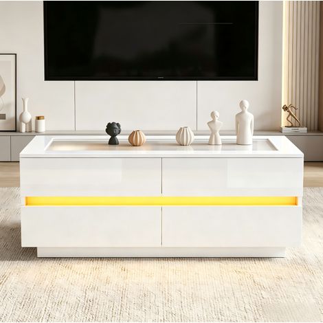 Weißer LED-Couchtisch 100 x 50 x 40 cm, 4 Schubladen, Tischplatte aus gehärtetem Glas (1/5)