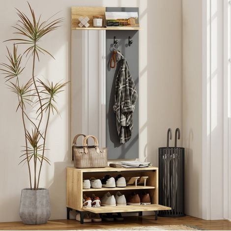 Mobile ingresso con panca portascarpe, specchio, 3 ganci e vano contenitore, legno e grigio OKMYHOME (1/5)
