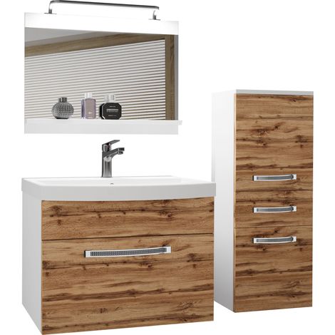 BELINI Meuble de Salle de Bain Lavabo Inclus, Meuble sous-Vasque, Miroir et Cabinet Largeur: 100 cm Kit d'éclairage Inclus Couleur: Chêne Wotan (1/5)