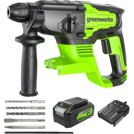 Martillo perforador rotativo sin escobillas GREENWORKS de 24 V con sistema SDS - 2 julios - Batería de 4,0 Ah y cargado