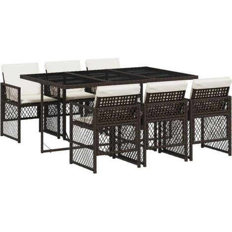 Essgruppe Garten 7Tlg Tisch 6 Stühle Poly Rattan Glas Braun und Creme (1/5)