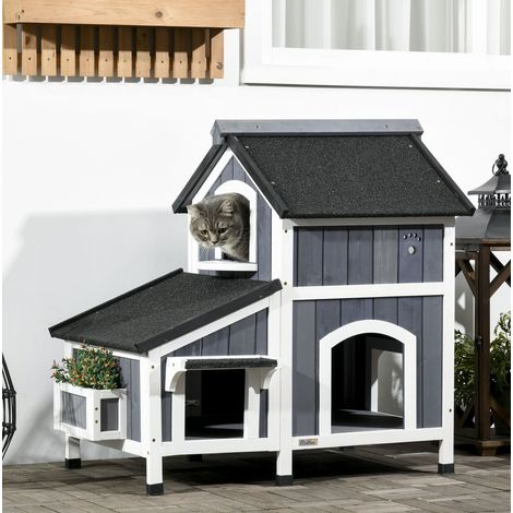 Caseta exterior para gatos de madera, 2 niveles, techo bituminoso, gris OKMYHOME (1/5)