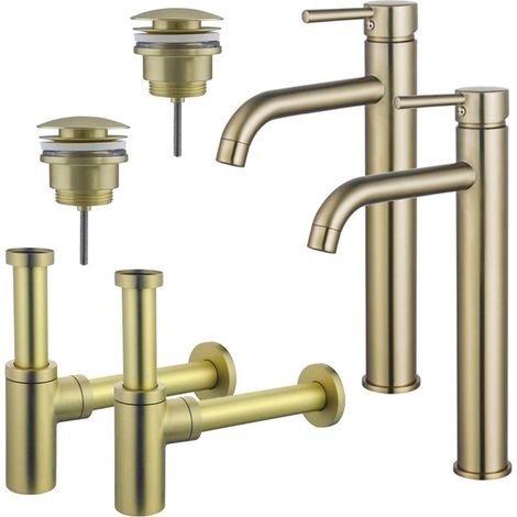 FugaFlow Eccelente Sobrado Kit robinet lavabo - pour double vasque - robinet rehaussé - bonde clic clac - siphon design - Laiton brossé PVD (1/4)