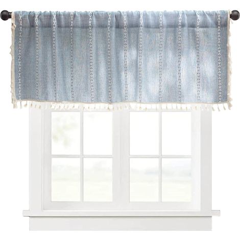 Cortina bohemia bordada, cortina corta decorativa con borlas, estilo rústico campestre, azul, 132 cm × 45 cm (1/5)