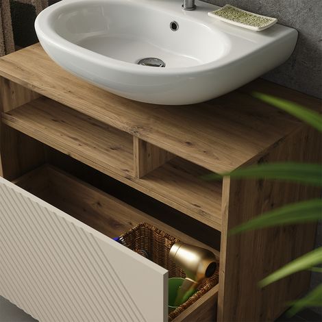 Meuble sous vasque simple Beatrice, Cachemire/Chêne Artisan, 80x64cm avec tiroir, Vicco (1/5)