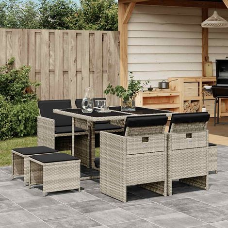 Ensemble à manger de jardin et coussins 9 pcs-Salon de jardin gris clair rotin 346961 (1/5)