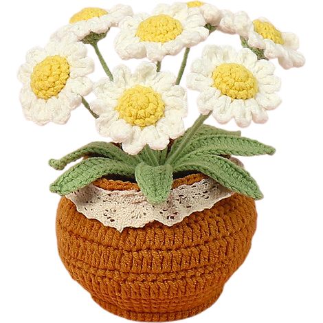 Lot de 7 plantes artificielles en laine crochetée, marguerites blanches et tulipes dans grands pots tricotés, décoration bureau (1/5)