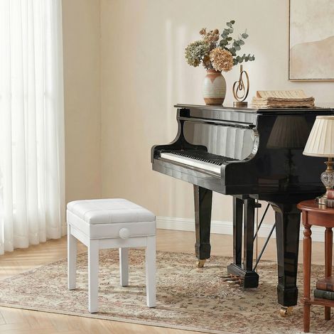 Banquette tabouret siège pour piano coffre intégré hauteur réglable bois hévéa assise revêtement synthétique blanc (1/5)