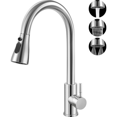 Hochdruck-Küchenarmatur mit ausziehbarem Brausekopf, ausziehbarer Armatur mit 3 Strahlarten, aus 360° drehbarem Edelstahl (1/5)