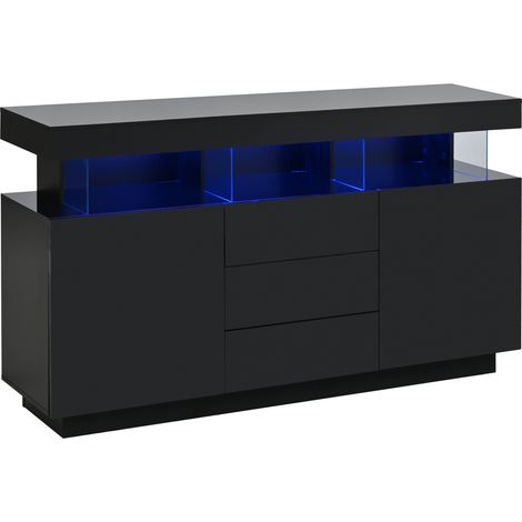 Aparador moderno negro 140 x 35 x 80 cm con LED, 3 cajones y 2 armarios, acabado brillante, HOMVRA (1/5)