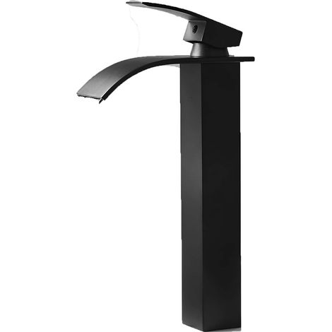 Robinet de salle de bain noir, robinet de lavabo haut à effet cascade avec eau chaude et froide, mitigeur rectangulaire au design contemporain (1/4)