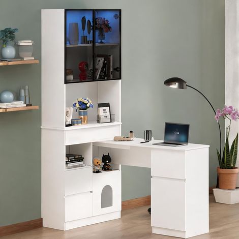 Bureau d'angle avec rangement et LED 120 cm blanc en MDF (1/5)
