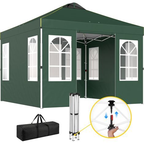 Tente pliante pop-up 3 x 3 m UPF50+ avec 4 parois amovibles, hauteur réglable et sac de transport, verte