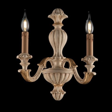 Aplique dos luces en madera marfil y pan de oro 31x h40 cm